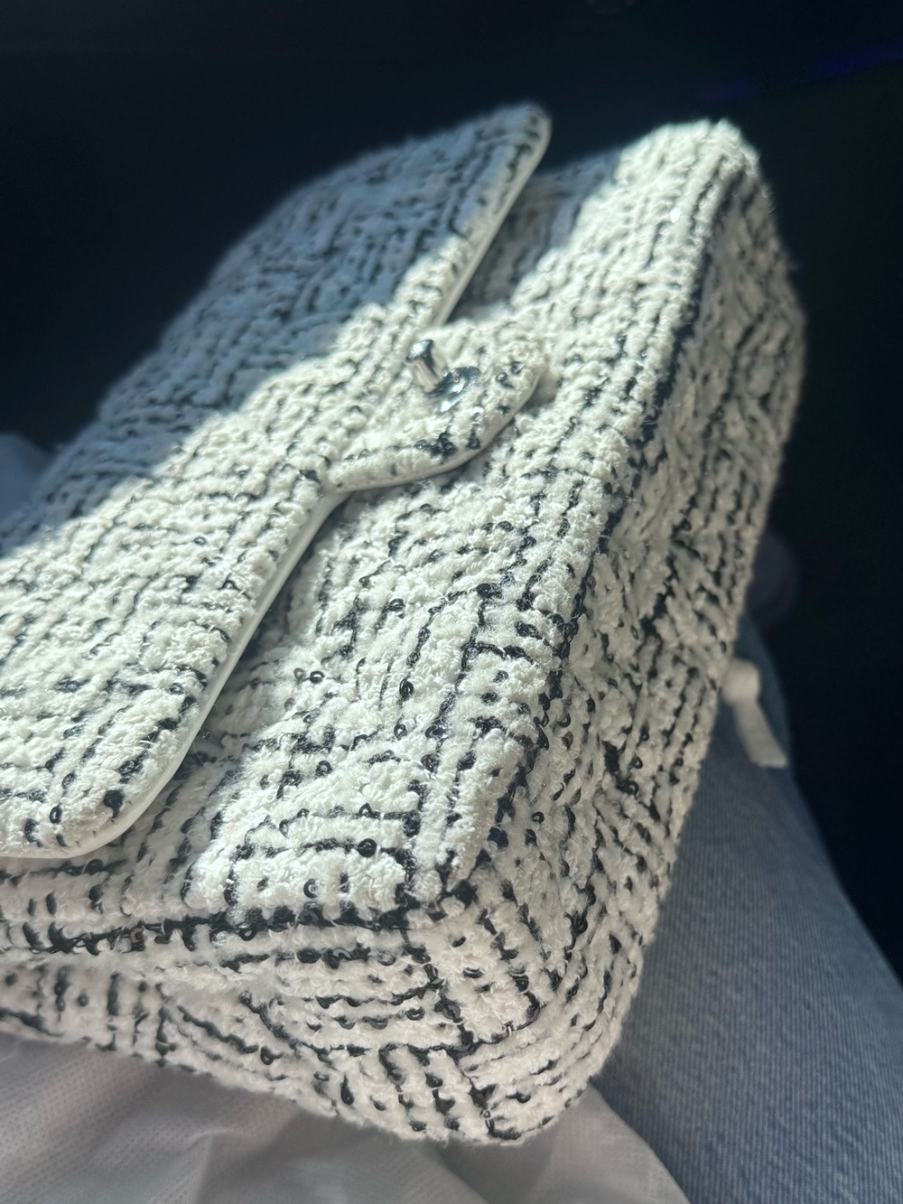 CHANEL White & Black Tweed Shoulder Bag
